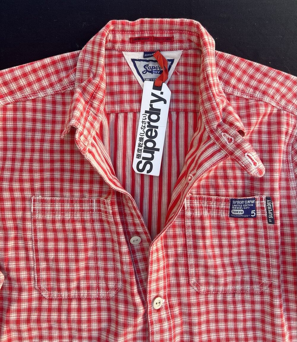 SUPERDRY Red & White Checkered Gingham Long-Sleeve Button-Down Shirt Men Medium
